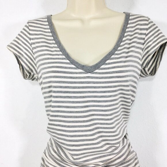 Athleta Topanga Striped Ruched T Shirt Dress Sz XS Stretchy V Neck Gray/White - Picture 3 of 13